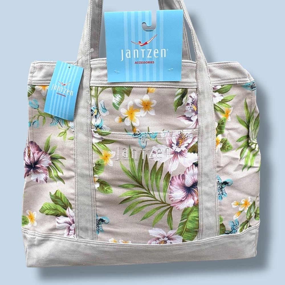 Jantzen Taupe Tropical Floral Canvas Beach Travel Tote Bag - Picture 2 of 7